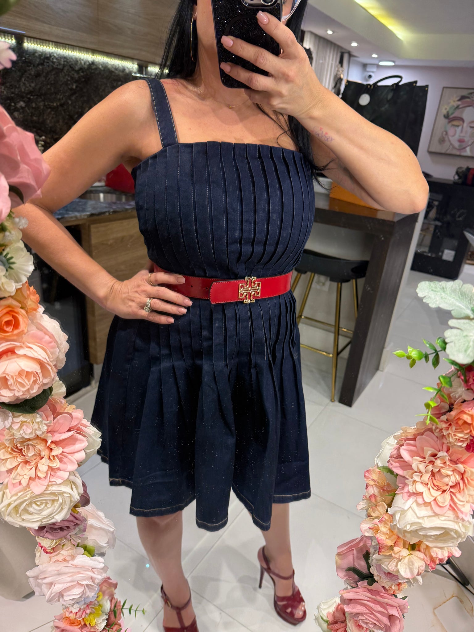 Tory Burch Reversible Logo Belt – Black & Red / Gold Hardware (Size 30)