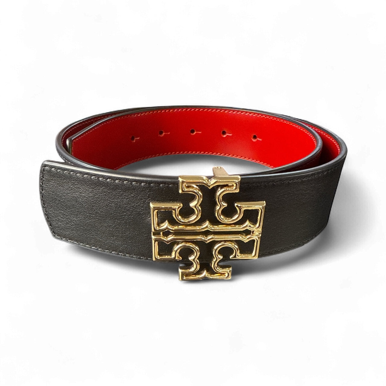 Tory Burch Reversible Logo Belt – Black & Red / Gold Hardware (Size 30)