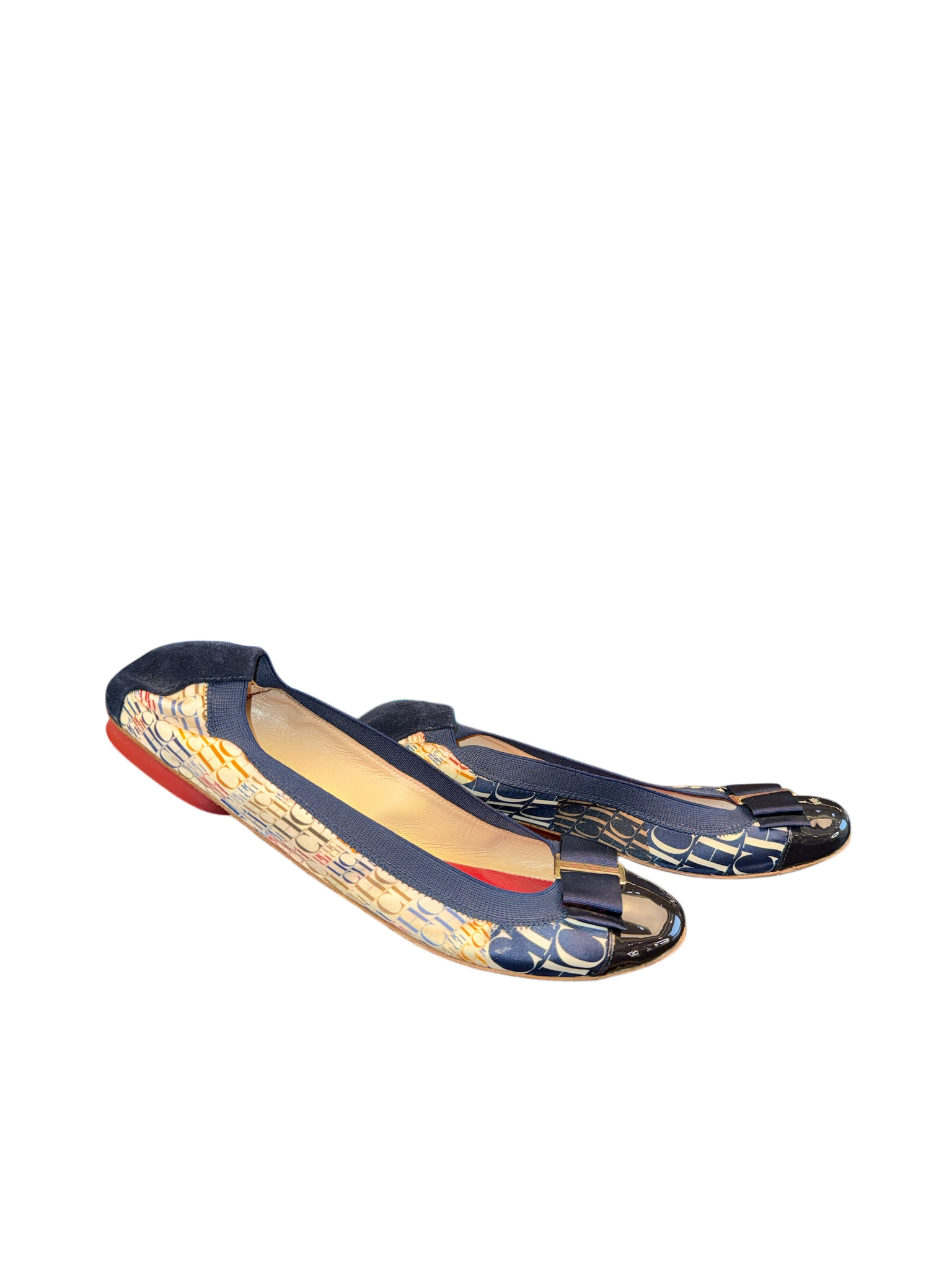 CH Carolina Herrera “insignia” Logo Bow Flats – Azul Marino/Multicolor – Talla 41 (EU)/10 US
