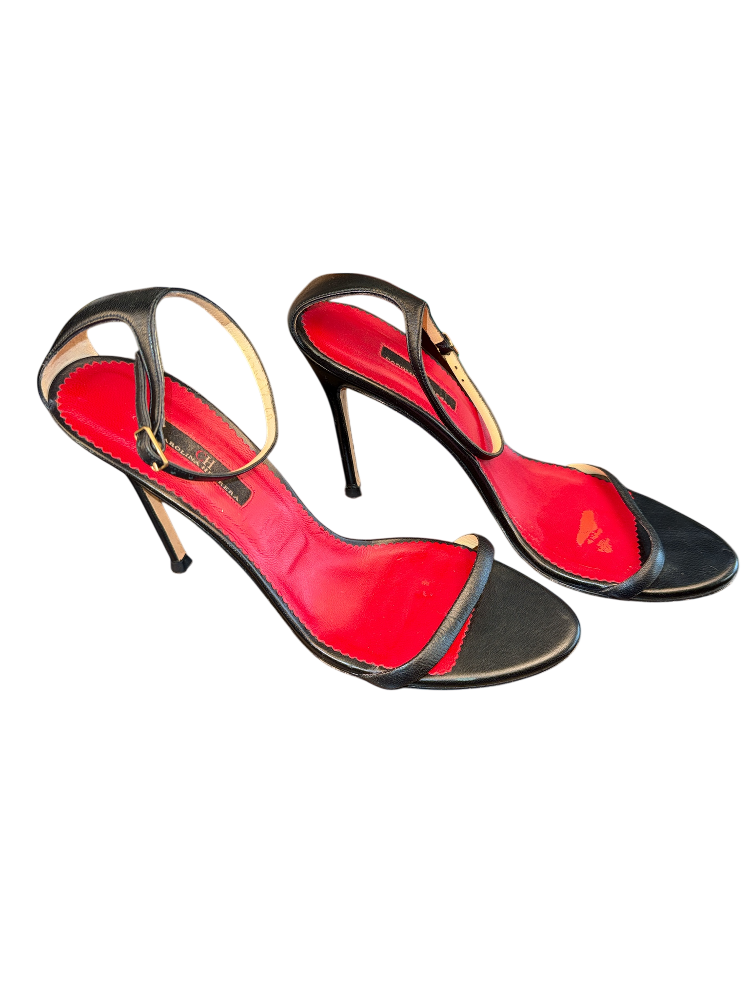 CH Carolina Herrera Sandalia Tobillo “Leather 100” Negra / Interior Rojo Talla EU 40