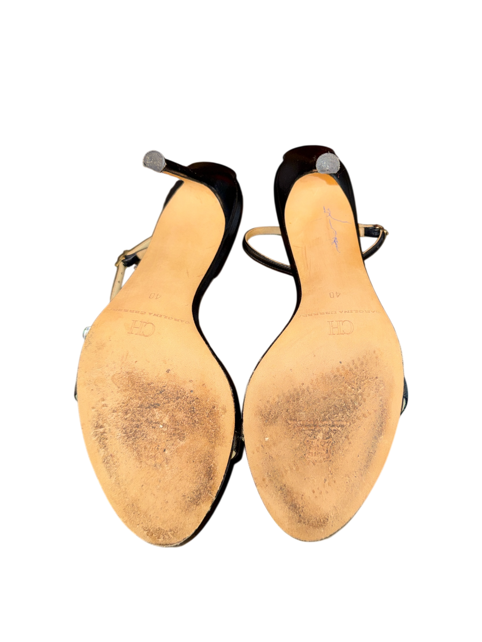 CH Carolina Herrera Sandalia Tobillo “Leather 100” Negra / Interior Rojo Talla EU 40