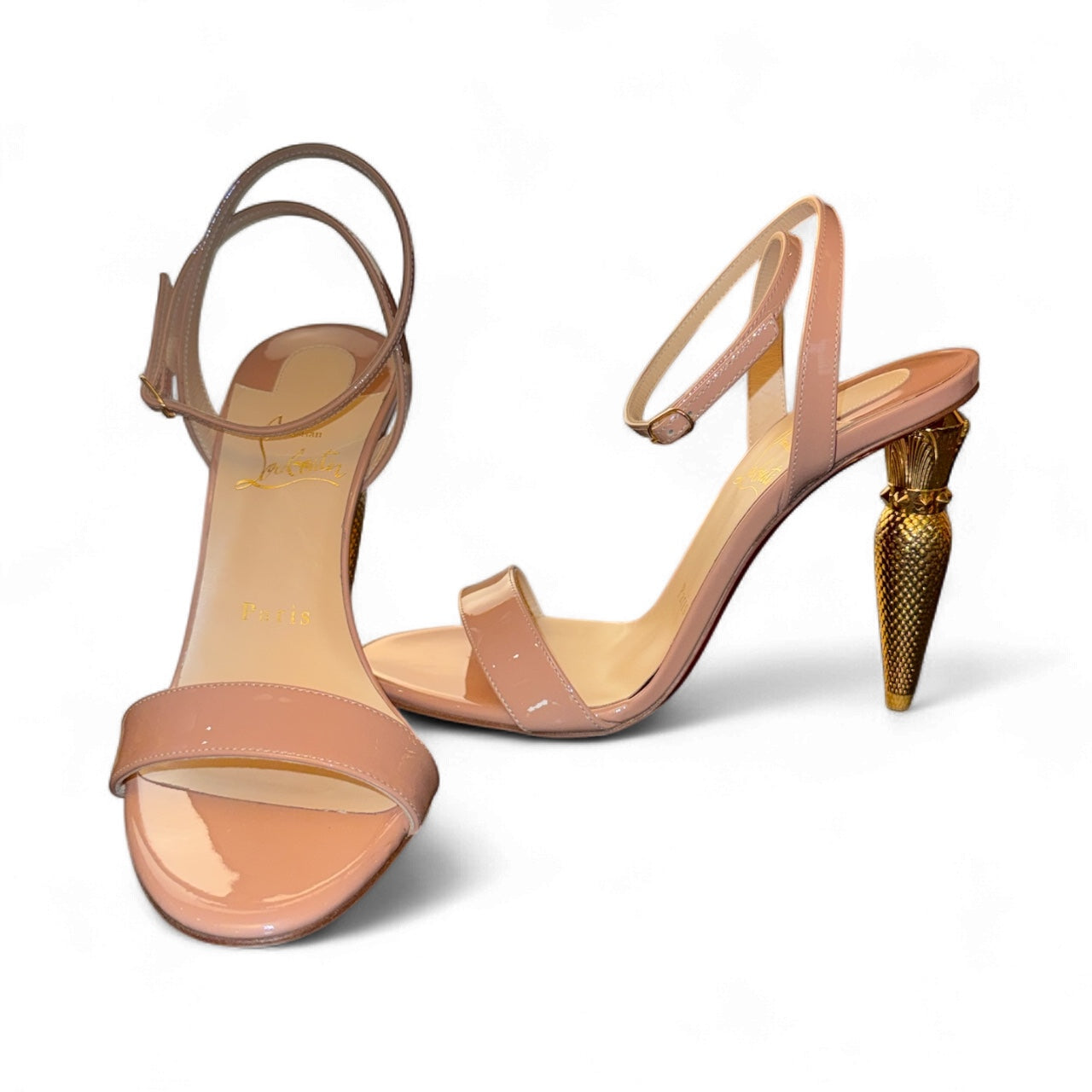 Christian Louboutin Lipqueen 100 Nude Patent Sandals | Talla 37 (US 7 – corre 6.5) | Nuevas con Caja y Tacón Dorado Escultural