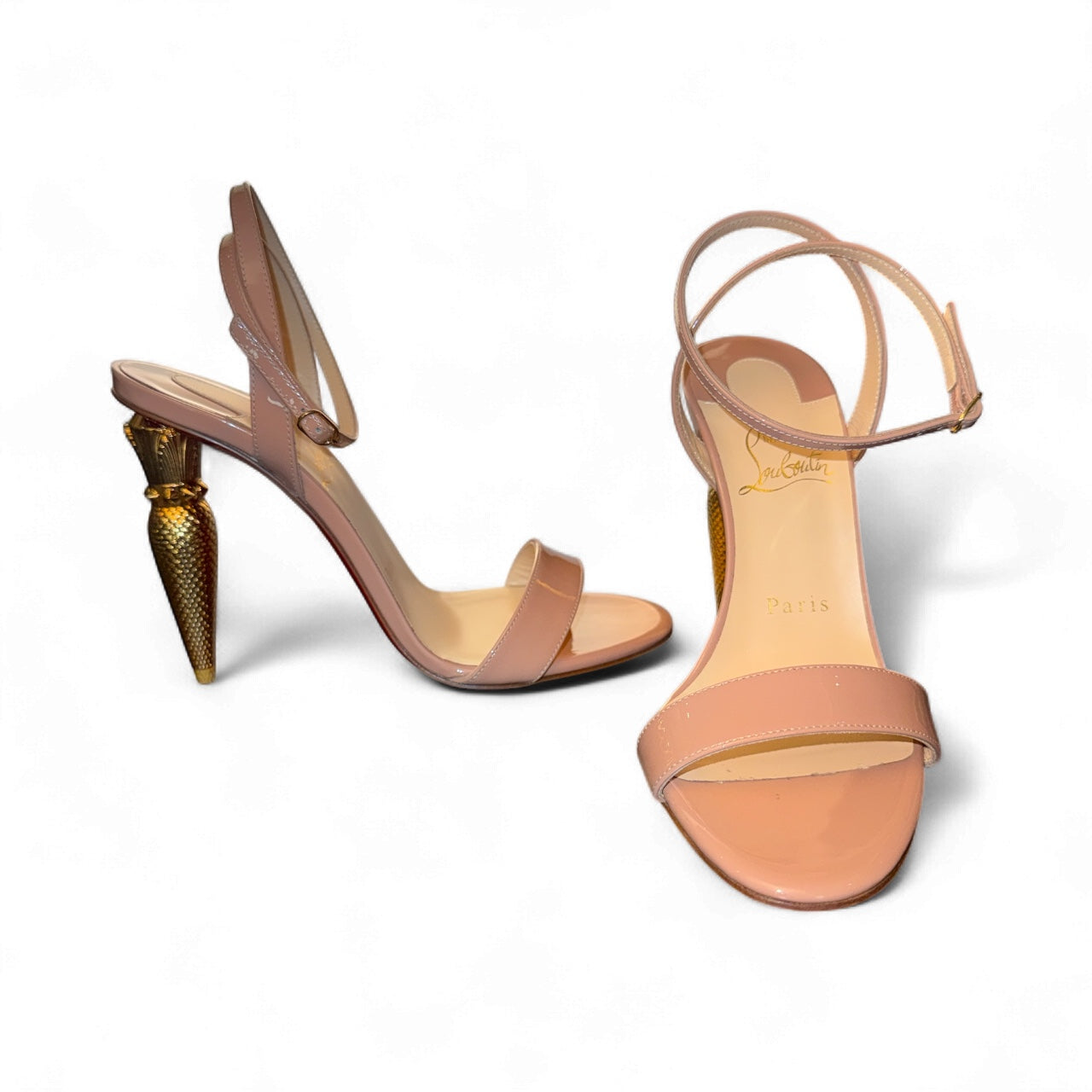 Christian Louboutin Lipqueen 100 Nude Patent Sandals | Talla 37 (US 7 – corre 6.5) | Nuevas con Caja y Tacón Dorado Escultural