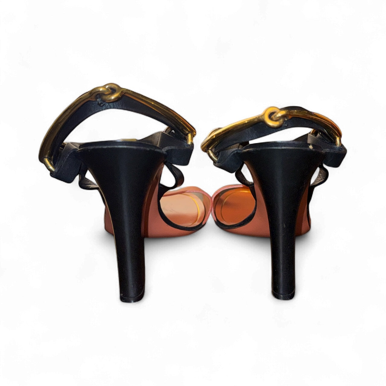 Gucci Horsebit Accent Leather Sandals – Tacón Alto Colorblock Naranja & Negro (IT 38.5)