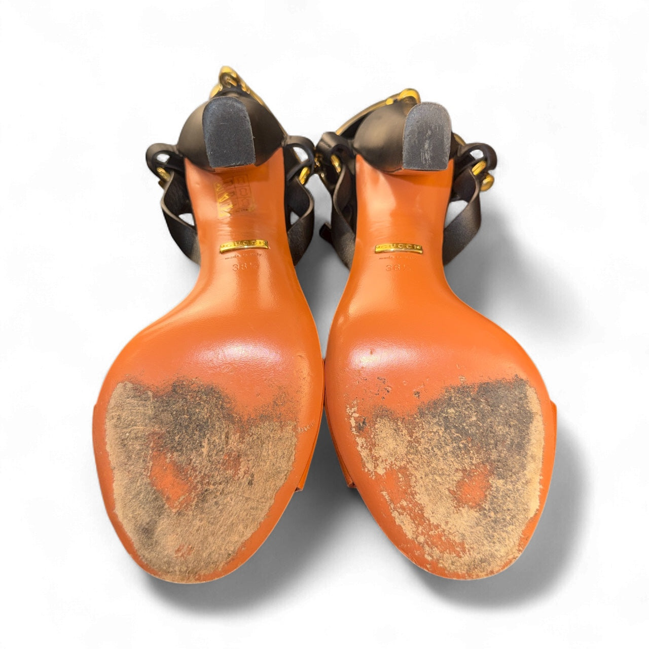 Gucci Horsebit Accent Leather Sandals – Tacón Alto Colorblock Naranja & Negro (IT 38.5)