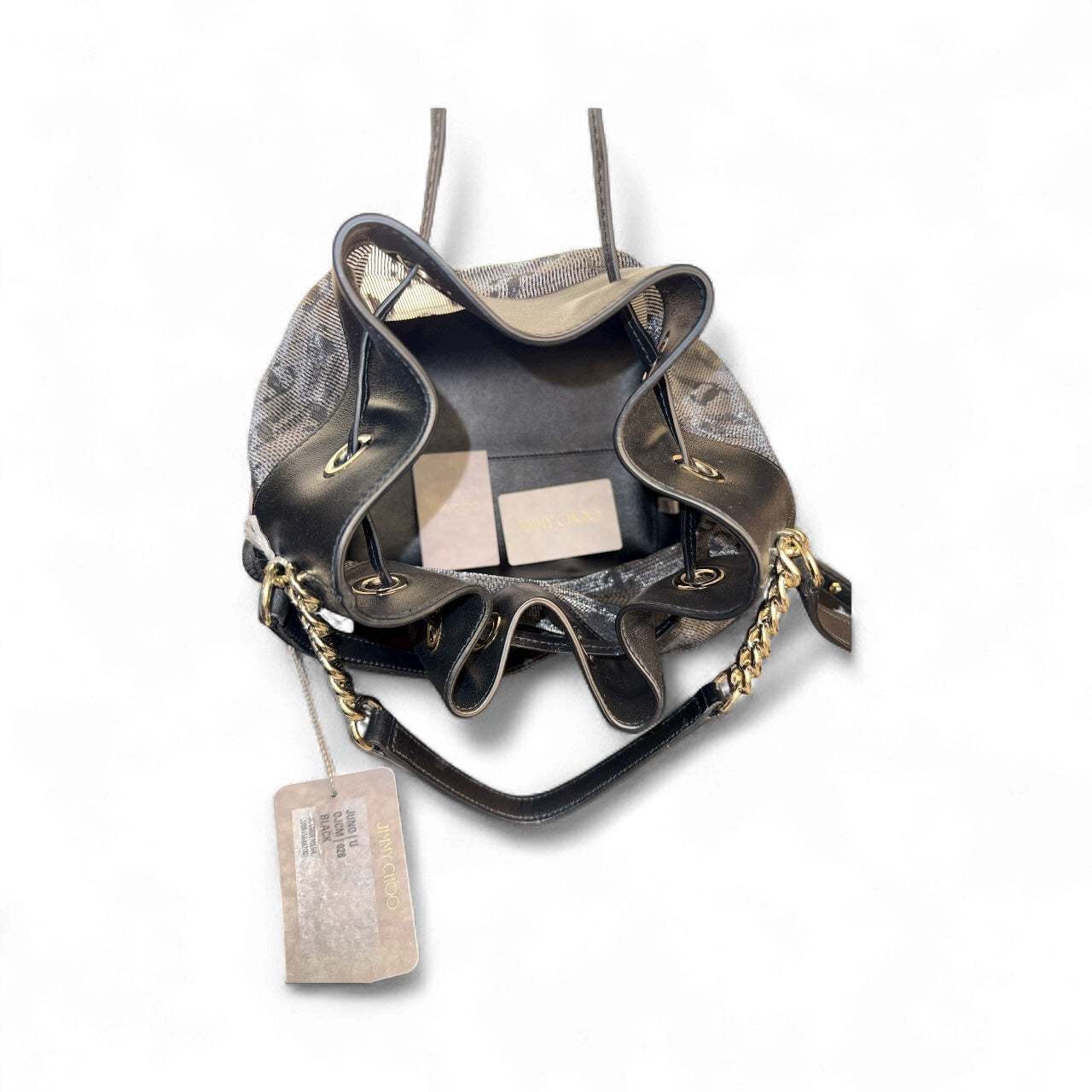 Jimmy Choo Juno Medium Bucket Bag Black Mesh & Leather | Nueva con Tag | Doble Asa Mano y Hombro