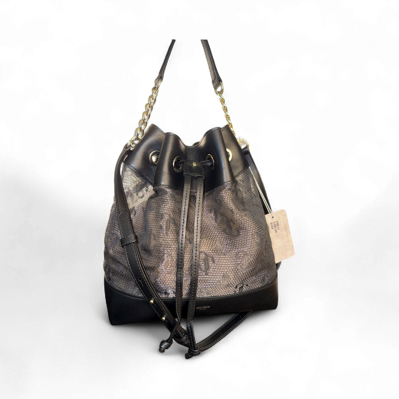 Jimmy Choo Juno Medium Bucket Bag Black Mesh & Leather | Nueva con Tag | Doble Asa Mano y Hombro