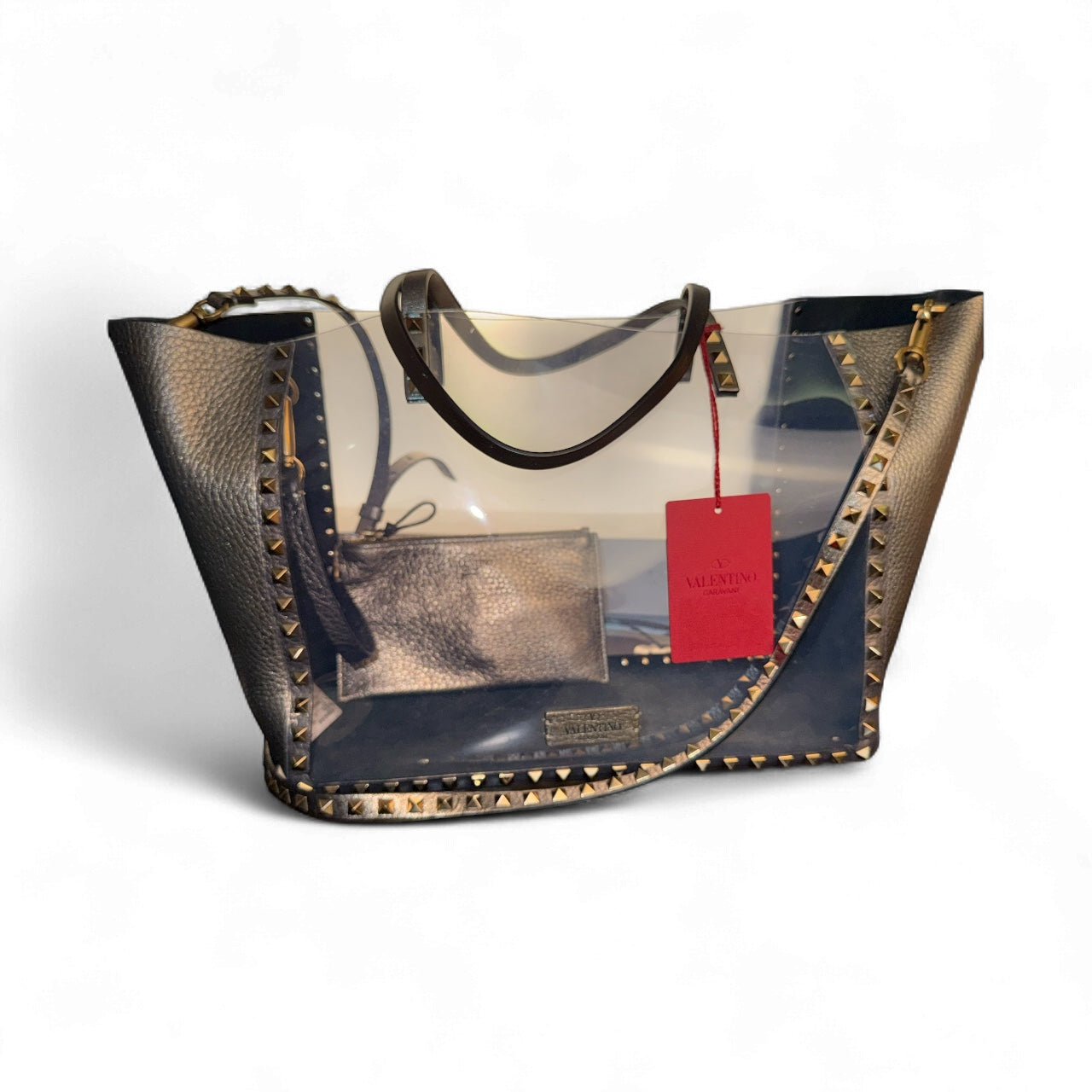 Bolsa Valentino Garavani Rockstud Transparente Charcoal Metallic – Nueva con tags