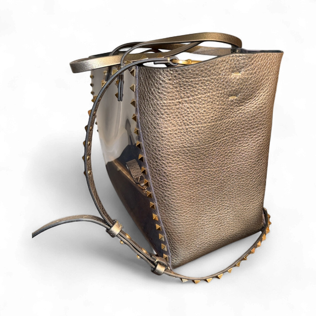 Bolsa Valentino Garavani Rockstud Transparente Charcoal Metallic – Nueva con tags