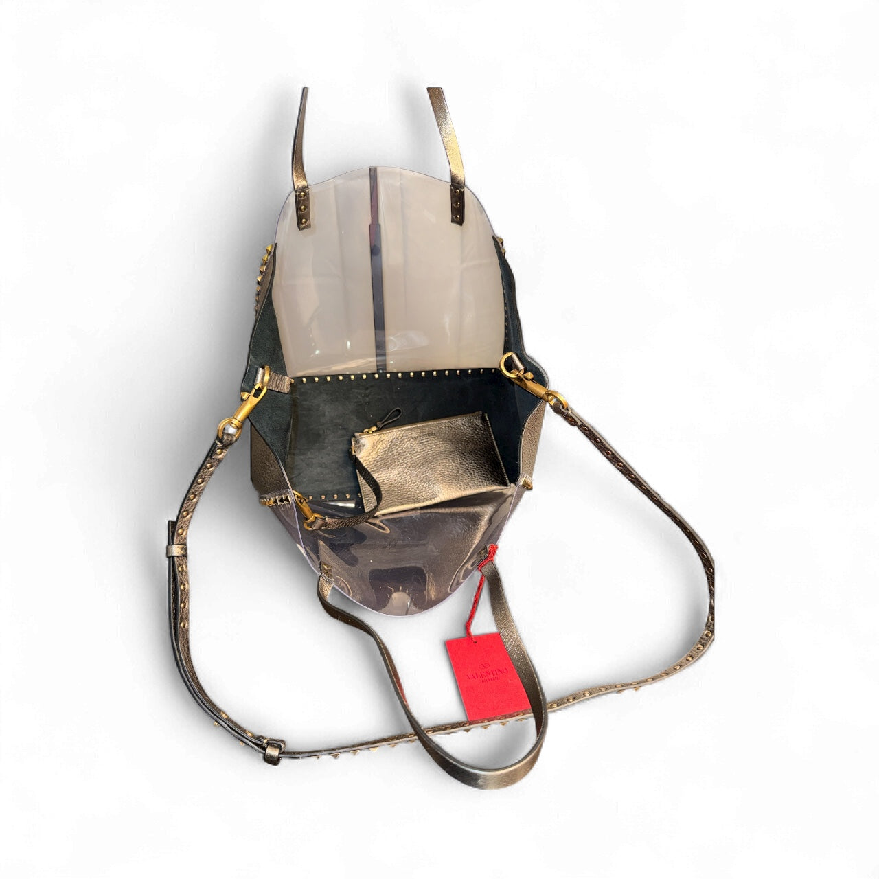 Bolsa Valentino Garavani Rockstud Transparente Charcoal Metallic – Nueva con tags